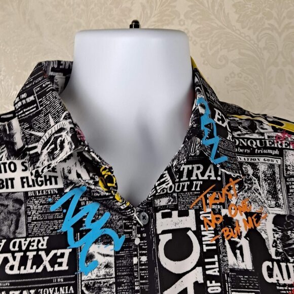 Fresh Prints of BelAir Size Large Black Newsprint Graphic Button Up Shirt NWT - Picture 2 of 13